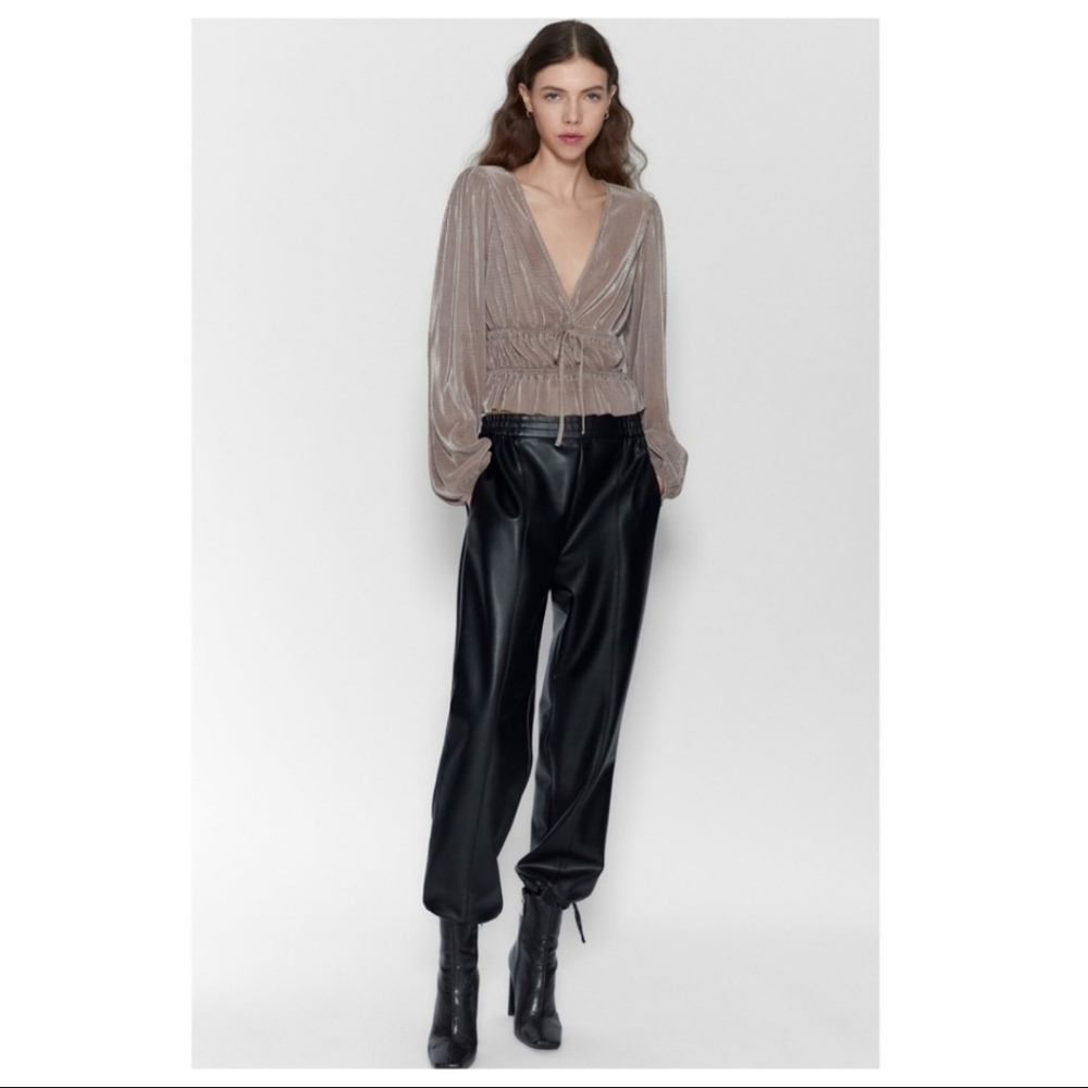 ZARA Taupe Pleated Wrap V-neck Top Large - Picture 16 of 16
